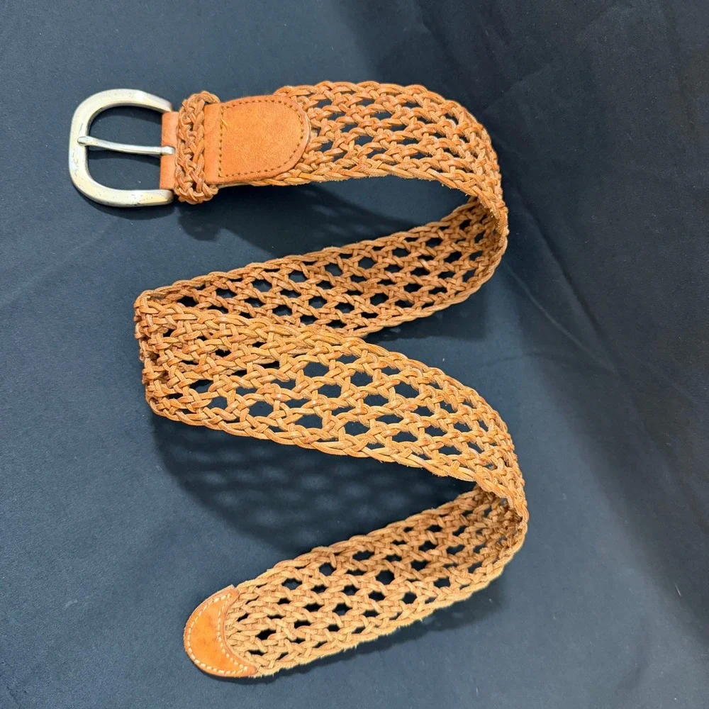 Boho-Chic Western 90s Y2K Cottagecore Vtg Fossil Braided Tan Leather Belt Small‎